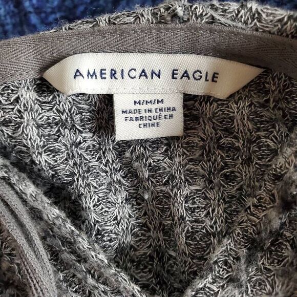American Eagle Hoodie Sweater M Gray Soft Knit Long Sleeve Drawstring Cowl Neck - Picture 5 of 7